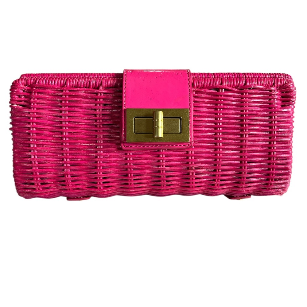 J.Crew Havana Bright Pink/Fuchsia Rattan Clutch w/gold-tone twist lock closure.